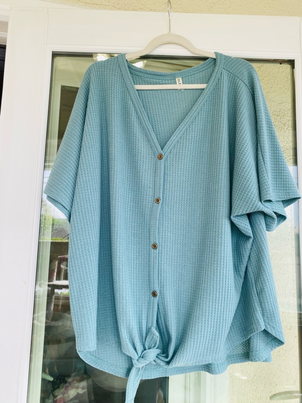OLRIK Waffle Knit Top Sz 10 Teal Blue Button FrontTie Hem Oversized Soft Sweater